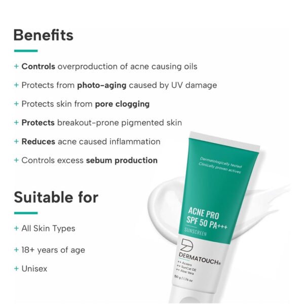 NO WHITE CAST: The gel based formula used in DERMATOUCH sunscreen SPF 50+++ helps to blend into the skin without leaving the usual white cast seen in sunscreen for dry skin. This SPF 50 sunscreen for women and men spreads easily and does not leave residue or feel heavy on skin. ✅WATER & SWEAT RESISTANT: The sweat and water resistant property makes this sun screen protector SPF 50+++ best for outdoor activities. ✅NON-GREASY MATTE LOOK: This sunscreen for men and women has an effective lightweight formula, absorbs quickly into the skin and gives an ultra-matte smooth look. ✅PROTECT+ FORMULA: This sunscreen for oily skin is free from toxins, fragrance and other chemicals. Offers a broad spectrum of SPF 50, PA+++. ✅SUITABLE FOR: This non-greasy, fragrance-free, broad-spectrum, UVA-UVB & blue light protection sun cream is suitable for men & women and for all skin types.